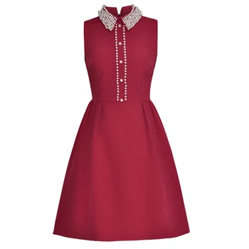 

Luxury Beaded Women Red Solid Dress Fashion Turn-Down Collar Sleeveless A-Line Dresses G7820