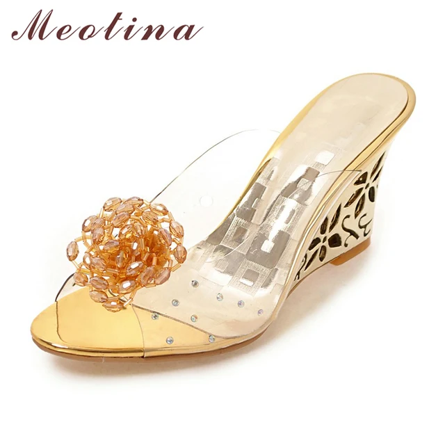 Meotina Women Shoes Slides Summer Sandals Flower Transparent Slippers High Heels Sandals Beading Mules Shoes Gold Large Size 43