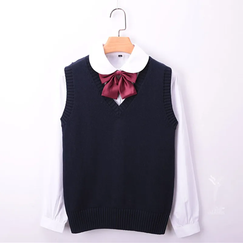 

100% Cotton Student Navy V-Neck Knitted Vests Spring Women's Knit Cotton Waistcoat Sweater Red Black Casual Female Vest Pullover