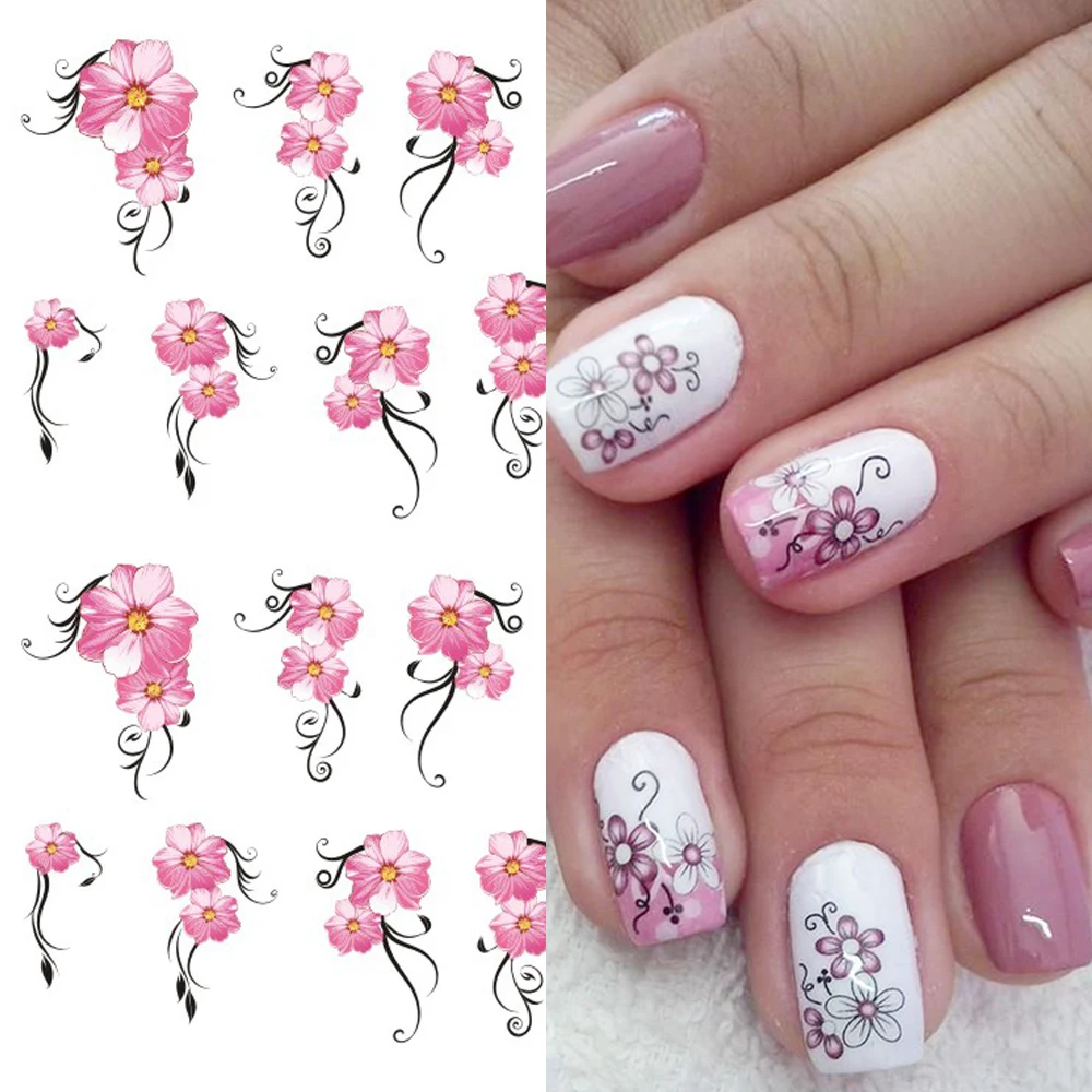 1pcs Pink Flowers Water Transfer Nail Art Sticker Decoration Floral