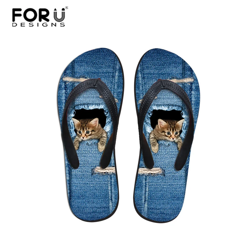 

FORUDESIGNS Women's Summer Shoes Female Flip Flops Shoes Denim Cat Dog Slipper Indoor Outside Flip-flops Beach Slipper zapatos