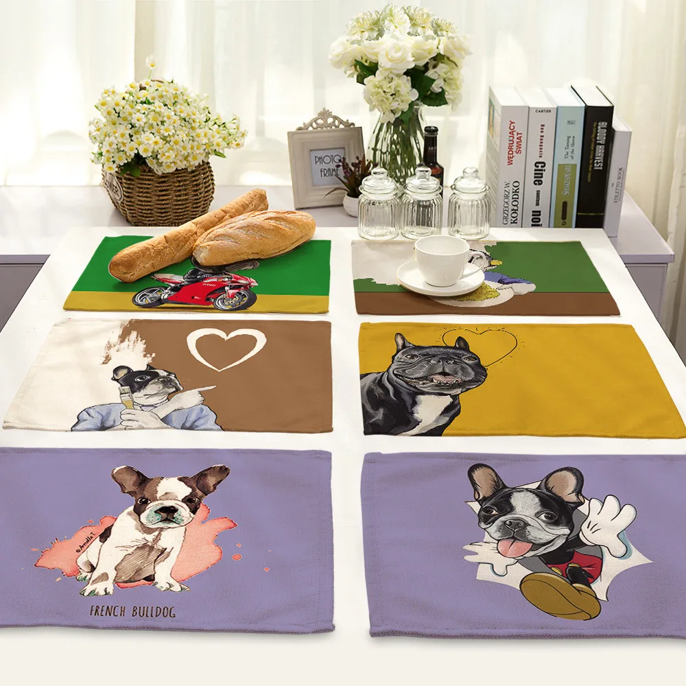 

Cute Dog Cat Print Linen Placemats For Kitchen Table Anti-scalding Table Mats For Dining Table Cup Coasters Home Decor 42x32 CM