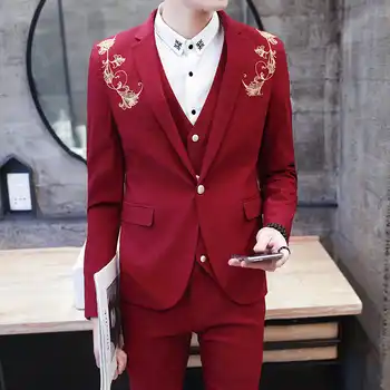 2018 Wedding Prom Latest Designs Handsome Royal Blue Burgundy Black Groom Tuxedos Gold Embroidery 3 Piece Slim Fit Mens Suits