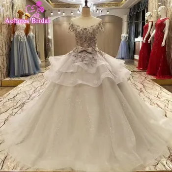 

Luxury Gray Ball Gown Lace Bow Cathedral Train Wedding Dresses 2017 New Design O Neck Sleeveless Bridal Gowns Vestido De Noiva