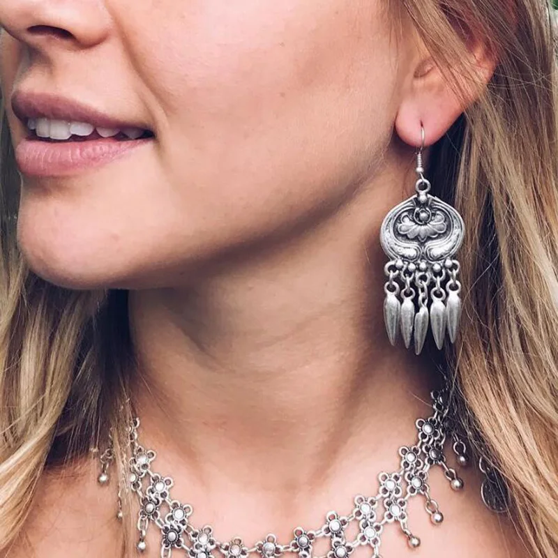 

RscvonM Retro AntiqueTibet Silver Color Bohemia Vine Hollow Filigree Vintage Tassel Earrings BOHO Jewelry Women Beach Holiday
