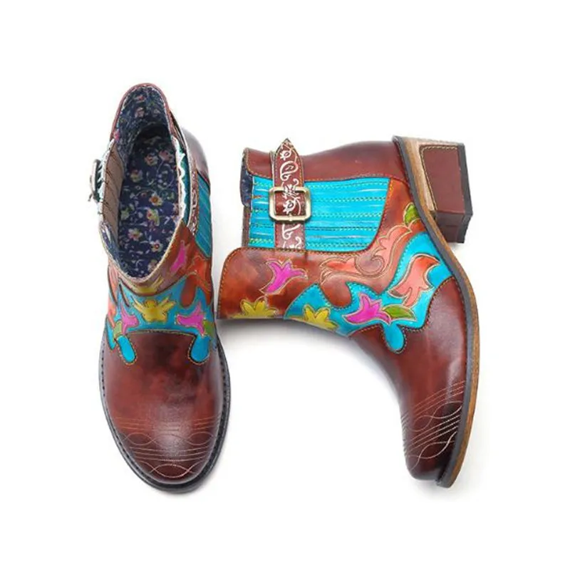 

Vintage handmade leather brown Martin boots big size women boots multicolour mid heel Spain Women Shoes ankle boots topuklu bot