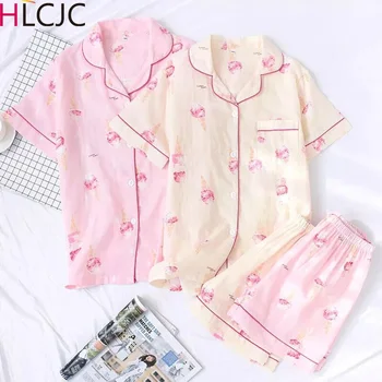 

Sweet Pink Ice Cream Short Pajama Sets Women Sleepwear Japanese 100% Gauze Cotton Short Sleeves Shorts Cute Women Short Homewear