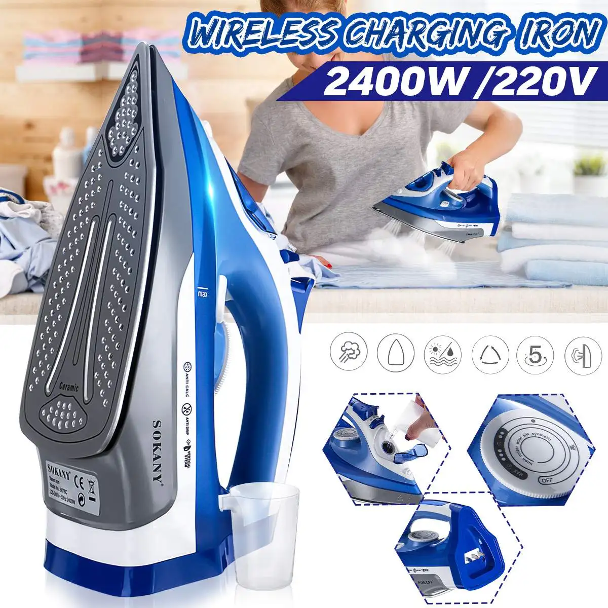 

warmtoo 2400W Cordless Ironing Machine Electric Iron Steam Wireless Garment Flatiron AC 220V 50/60Hz Adjustable Thermostatic