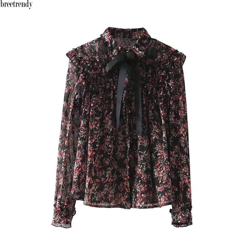 

CS3023--New Arrival Vintage Floral Print Black Bow Knot Ruffles Shirt Ladies Retro Blouse Tops