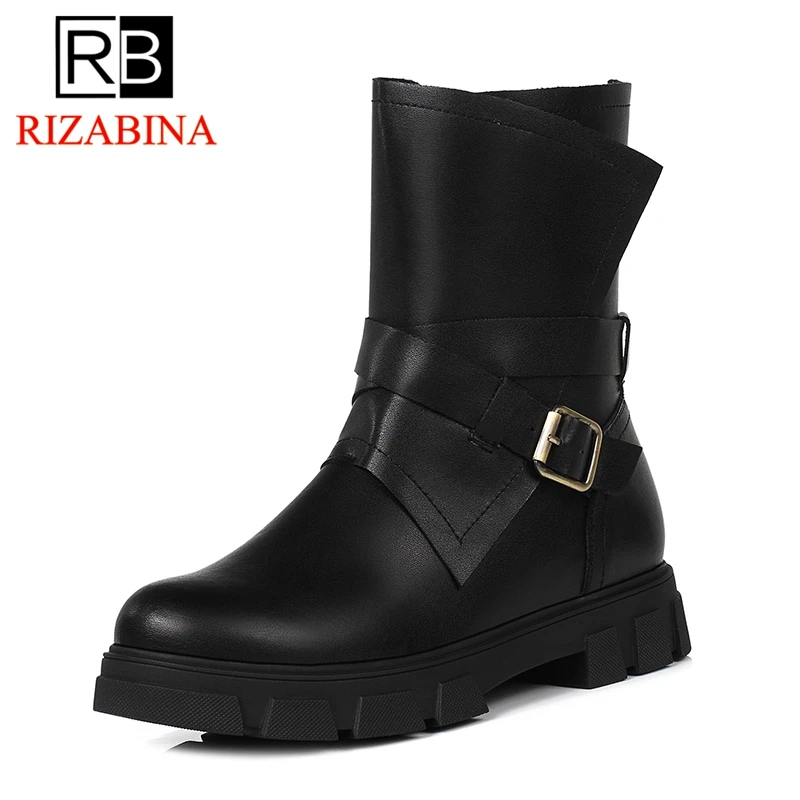

RizaBina Vintage Women Genuine Leather Flats Boots Warm Fur Shoes Women Winter Mid Calf Boots Buckle Zipper Shoes Size 34-43