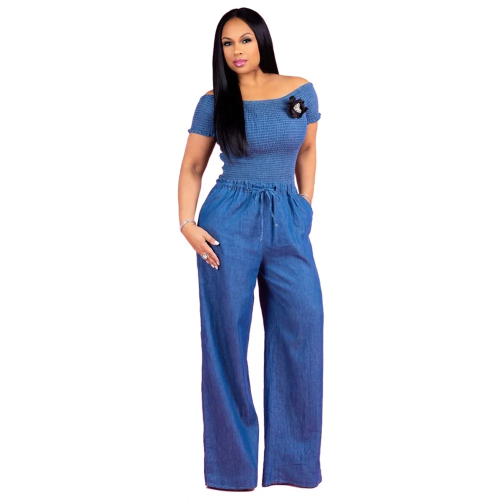 

tilapia strapless women slim denim jumpsuits off shoulder fold top and wide leg pants casual sexy solid jean jumpsuit
