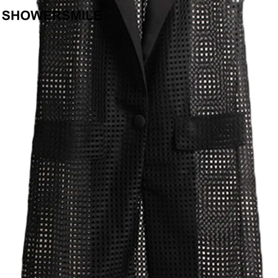 SHOWERSMILE Women Long Black Waistcoat Plain Hollow Out Vest Ladies Korean Style Solid Loose Female Summer Outerwear Jackets New
