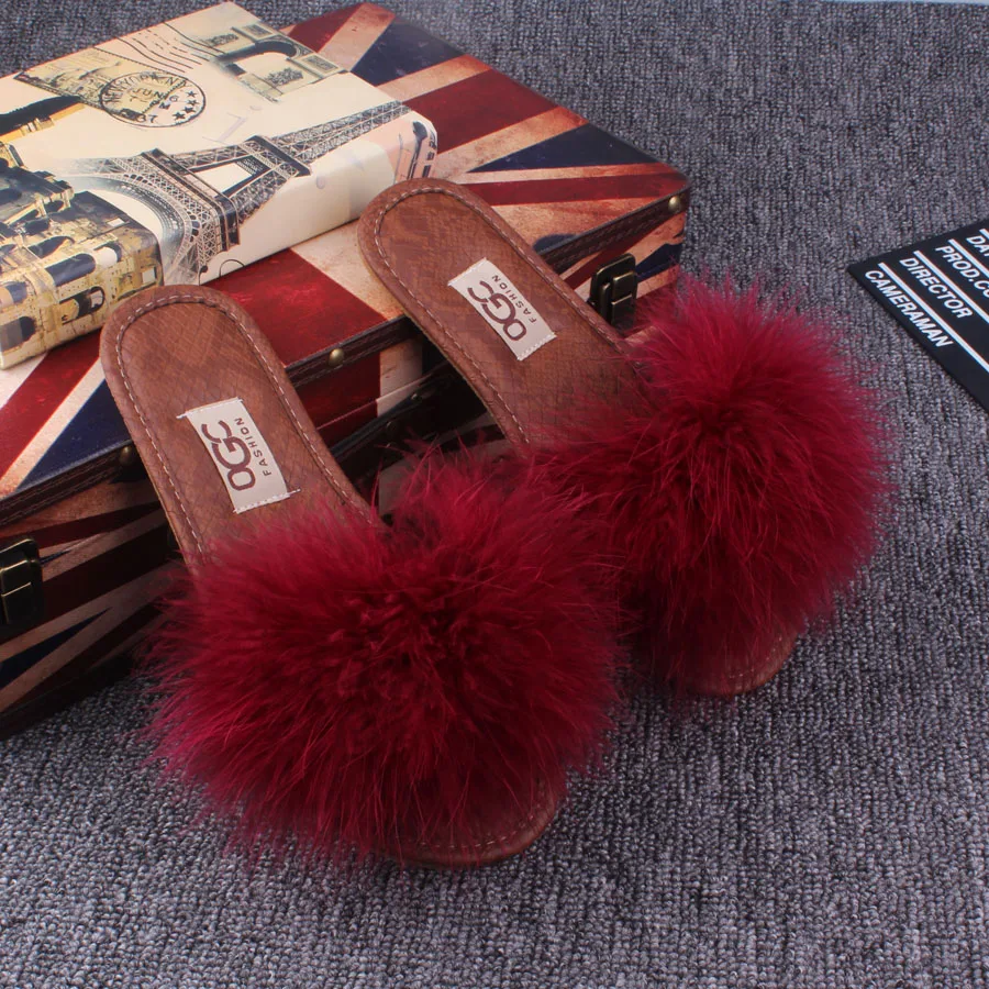 

2018 Natural leather sole Slippers Fashion Winter Open Toe Women Indoor Slippers Fur Warm High Quality Wool Soft Plush Lady