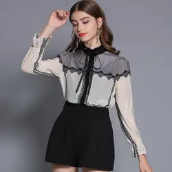 100% чистый шелк блузка 2019 Весна с длинным рукавом кружево Лоскутная рубашка для женщин элегантные женские офисные