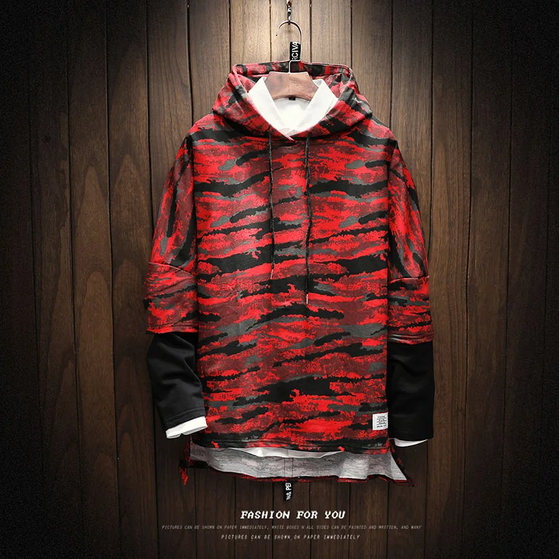 

loose hip hop hoodie men patchwork long sleeve ribbon camouflage hoodies hooded pullover casual male coat outwear