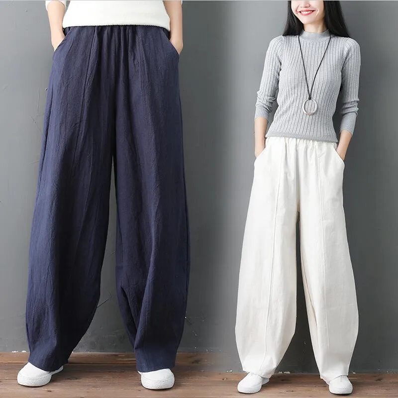 

Streetwear Women Wide Leg Pants Cotton Linen Pockets High Waist Pants Lantern Trousers Solid Plus Size M-7XL Khaki Black