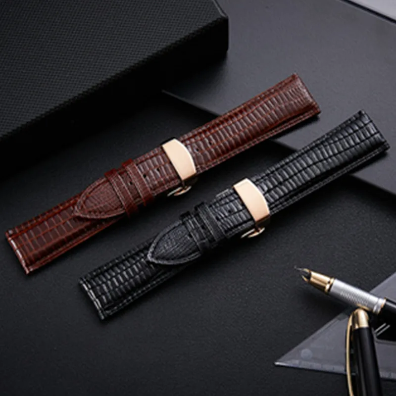 Black Brown Lizard Pattern Genuine Leather 12 14 16 18 20 22 24 MM Watche Band Strap Belt Watchband Folding Clasp Watchband