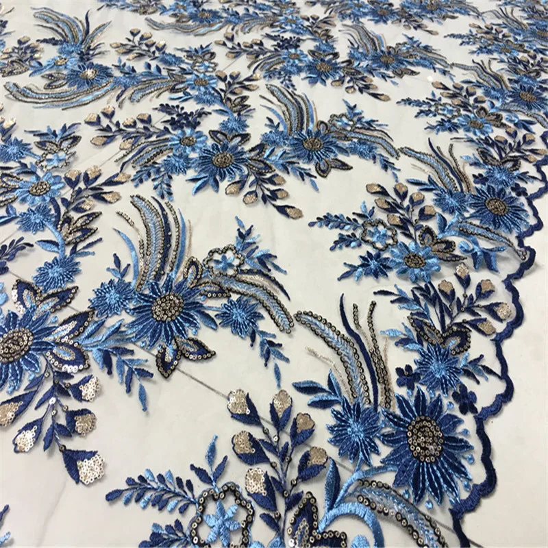 2 ярда синий блесток вышивка сетка ткань Африканская кружевная ткань пришить для свадьбы вечернее платье одежда 3d цветок бисера ткань Diy