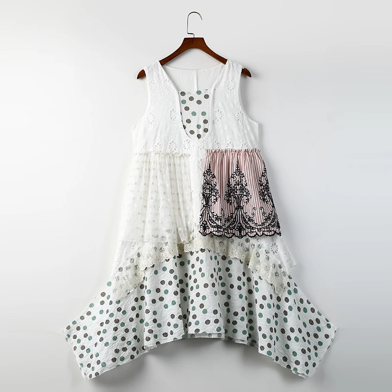 

New Design Women Tank Dress Multi-Layer Ruffles Embroidery Sleeveless Patchwork Striped Dresses Summer Streewear Novelty 17009