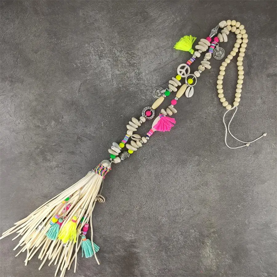 

Boho Long Colar Maxi Necklace Collares Etnicos Summer Leather Tassel Necklace Wood coin Cord Handmade Jewelry
