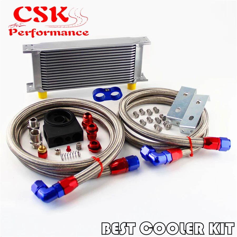

16 Row JDM Engine Oil Cooler Kit AN10 Thermostat Sandwich Plate + Oil Lines Kit