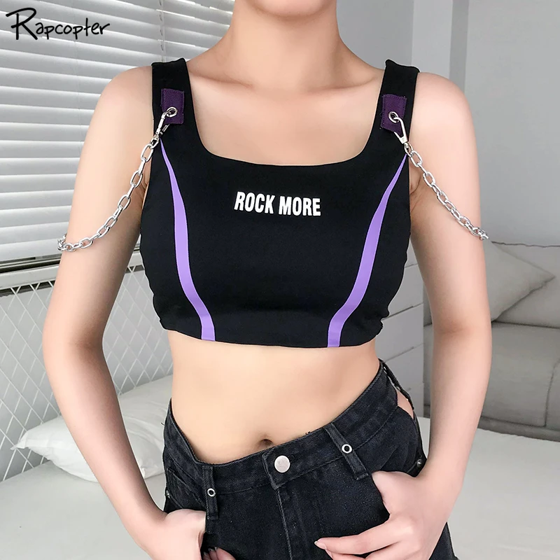

Rapcopter Gothic Printed Chains Sleeveless Tank Top Women Black Harajuku Fashion Summer Crop Tops Femme Casual Punk Vest Tops