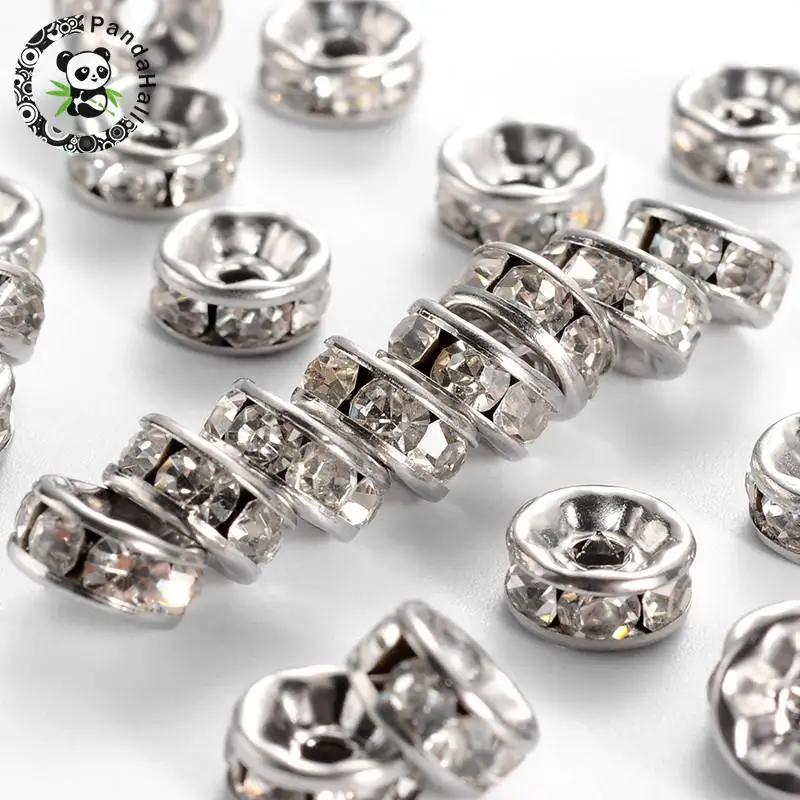 

200pcs 8x4mm Disc 304 Stainless Steel Spacer Beads with Rhinestone Stainless Steel Color Hole: 2mm