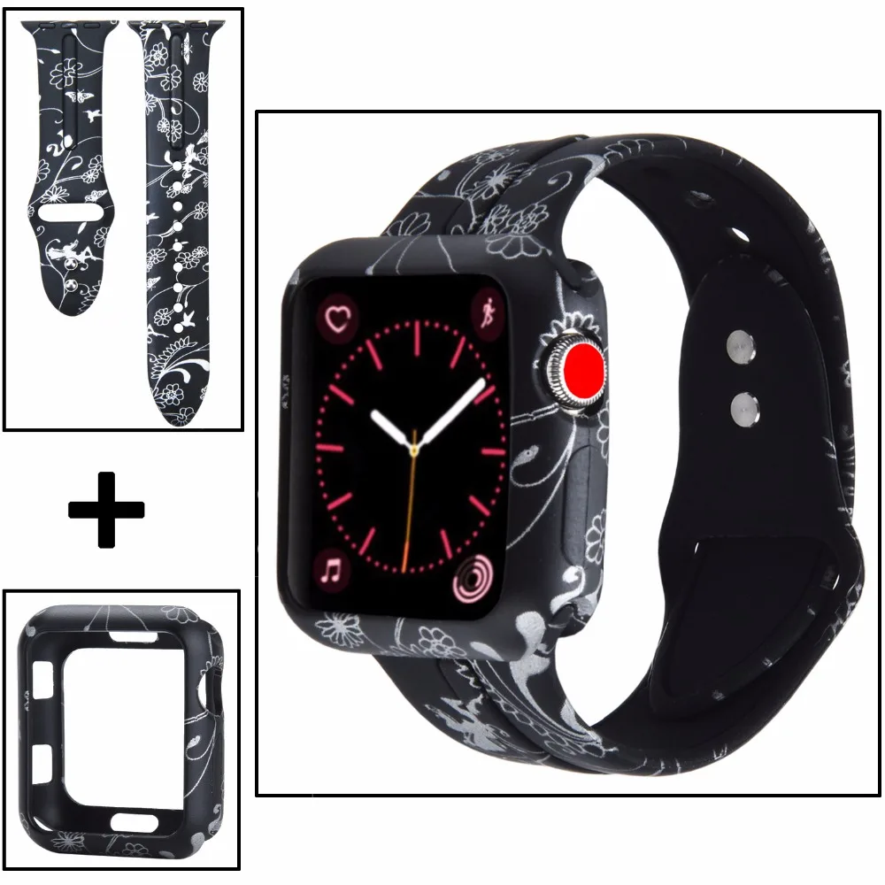 

Odog 2018 New Arrival Black Flowers Print Silicone Watch Band for Apple Watch Series 1 2 3 38mm 42mm Replacement Sport Watchband