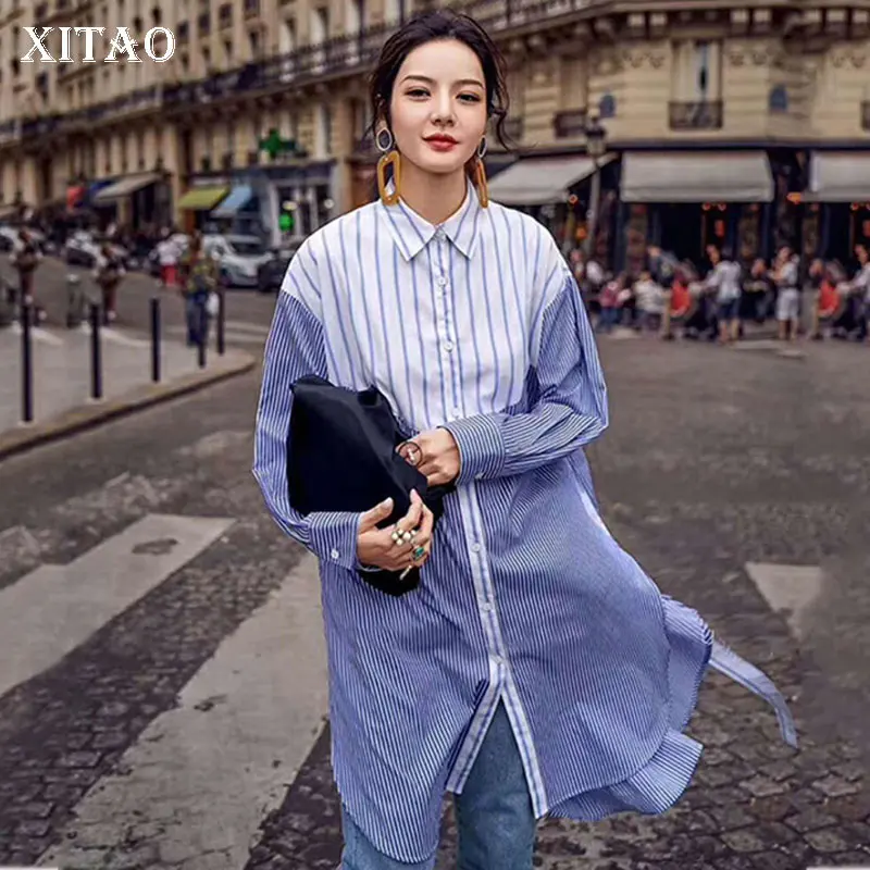 

XITAO Plus Size Striped Midi Dress Women Korea Fashion Turn Down Collar A Line Split Irregular Bandage Elegant Button WLD1909