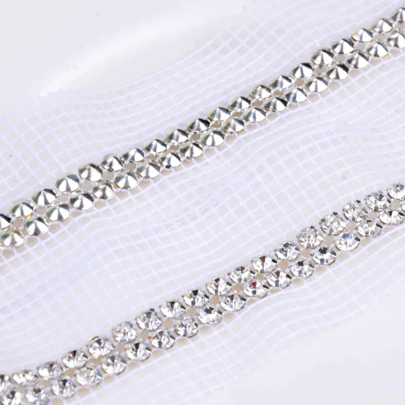 Silver cupchain AAA shiny crystal rhinestone mesh trimming sew on mesh