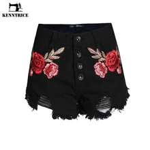 KENNTRICE летние с цветочной вышивкой рваные с высокой талией черные горячие сексуальные женские джинсовые шорты брюки женские 3XL
