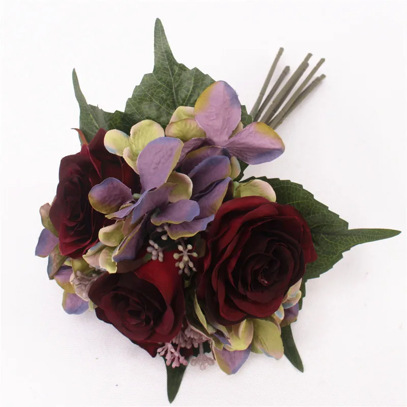 Букет роз, Шелковый Искусственный цветок для свадьбы, букет, семейное украшение, вечерние, свадебные, праздничные, свадебные, высокое качество - Цвет: Бургундия