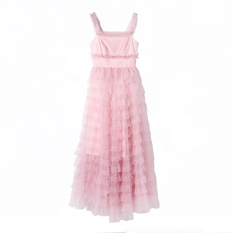 Роскошное дизайнерское платье для подиума, летнее женское розовое Сетчатое Тюлевое платье, длинное многослойное платье с оборками, платье принцессы для выпускного вечера Vestidos