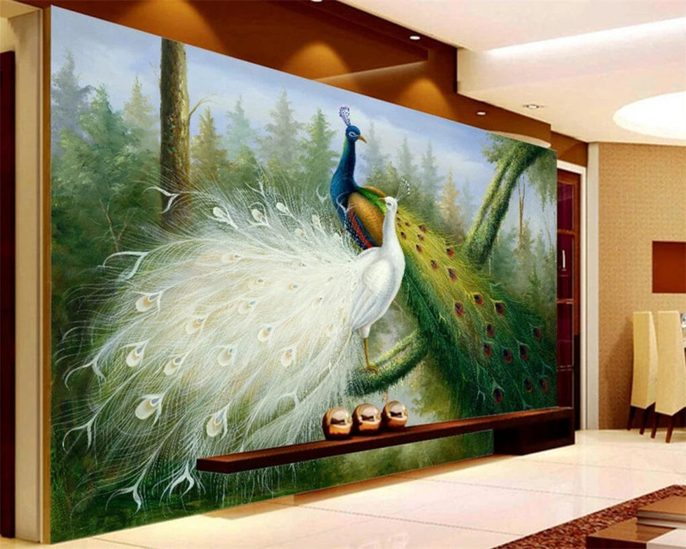 

Beibehang Custom murals living room,modern forest peacock oil painting photos mural tree wallpaper papel de parede para quarto