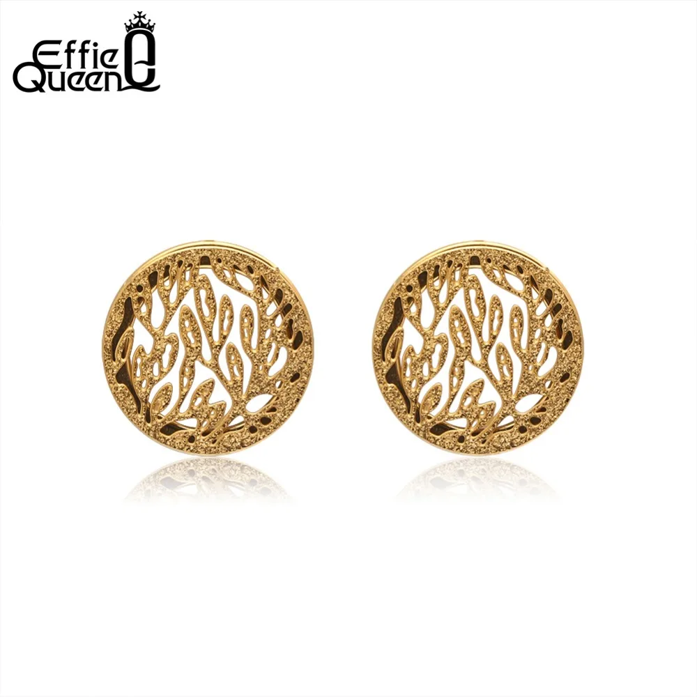 

Effie Queen Stainless Steel Women Stud Earrings Frosting Surface Life Tree Gold-color Round Earring Party Jewelry DGTE12