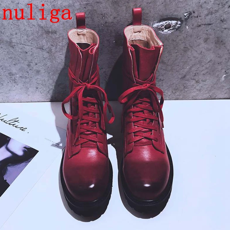 

Nuliga 2018 new arrival full grain leather British style motorcycle boots round toe lace up low heels gradient ankle boots L33