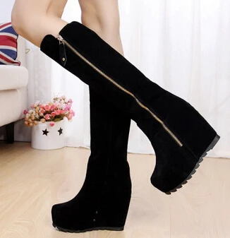 Бренд "Qin kuan" Для женщин сапоги до колена зимняя обувь на танкетке; ботинки на высокой платформе, визуально увеличивающие рост; бархатные рыцарские длинные сапоги плюс Размеры 32–43 - Цвет: black