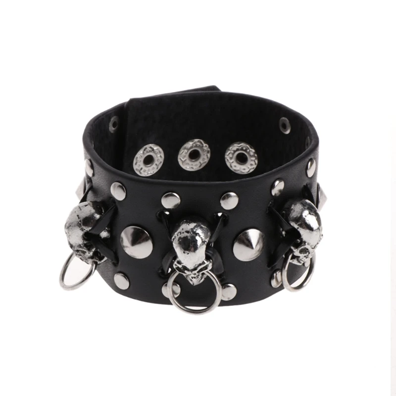 

220x45mm Wide Faux Leather Skull Head Rivets Buckle Wristband Bracelet Punk Rock