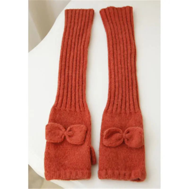 Осенне-зимние женские вязаные шерстяные перчатки с элегантным бантом, женские рукавицы без пальцев, тепловые гетры для рук, одноцветные, на половину пальца, T102 - Цвет: orange