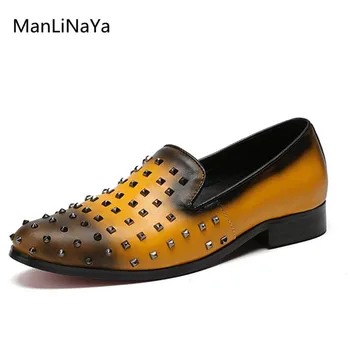 

Genuine Leather Rivet Men Casual Shoes Round Toe Slip on Male Loafers Mixed Colors Breathable Men Party Shoes Smoking Slippers
