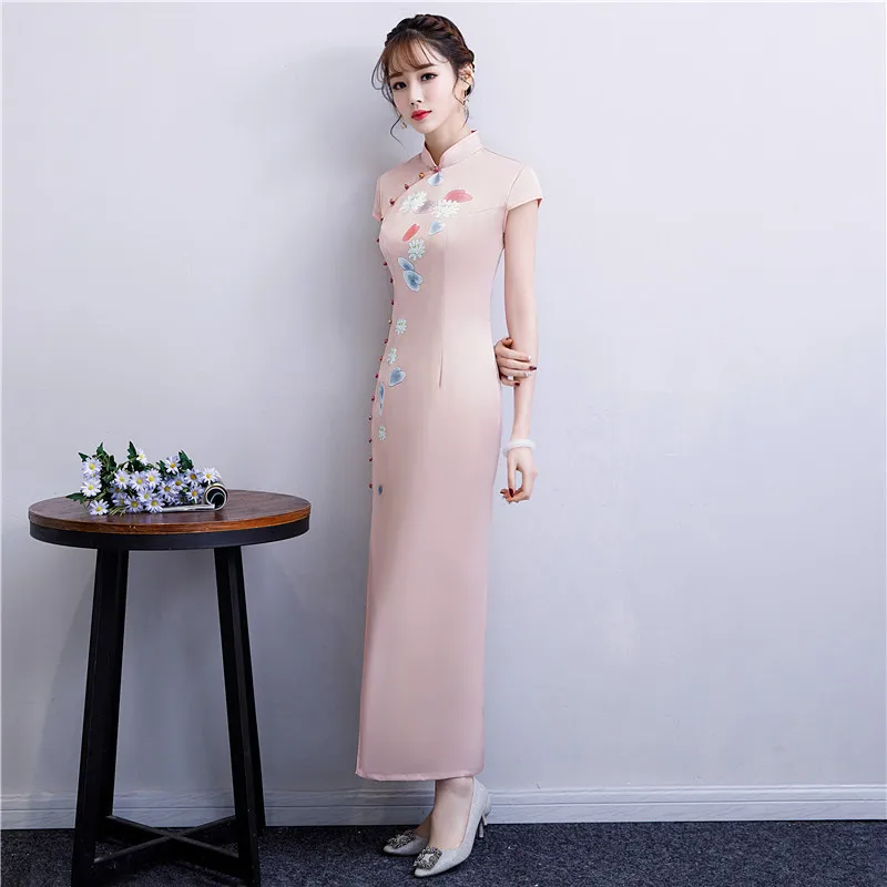 Nueva estampado Rosa Cheongsam larga vestidos Chinoise elegante bata Qi Pao mujeres chino tradicional ropa vestido diio