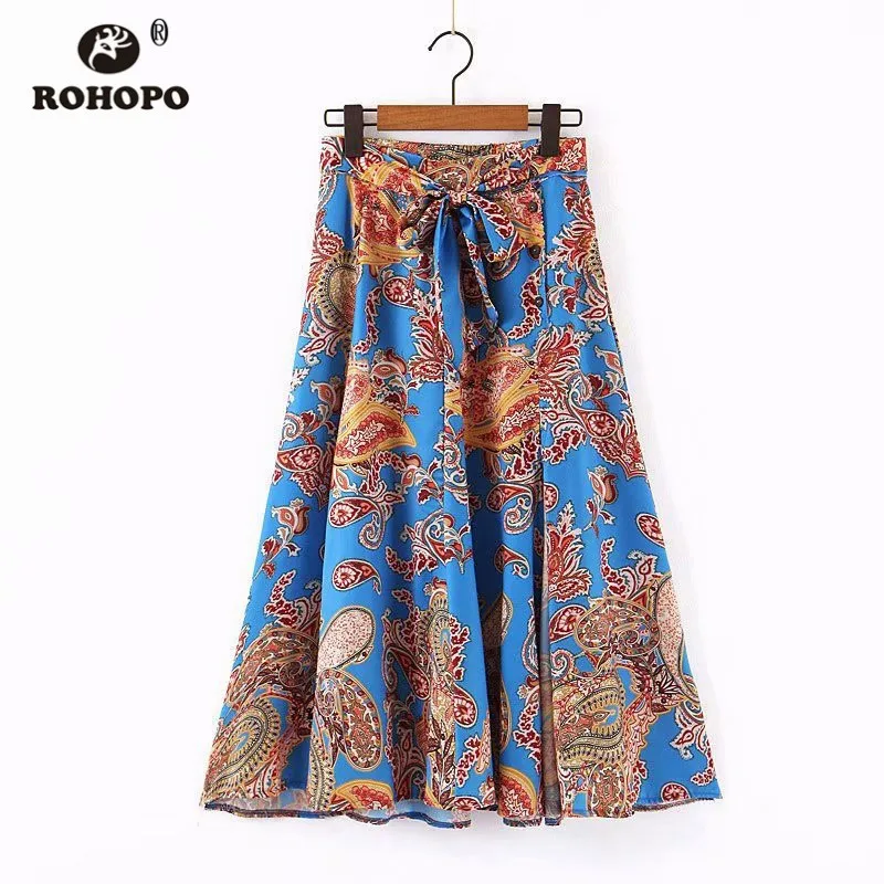 ROHOPO Высокая талия Женская Классическая Цветочная юбка плиссированные макси Ретро миди юбки галстук пояса круглые расклешенные женские Falda# XZ2098