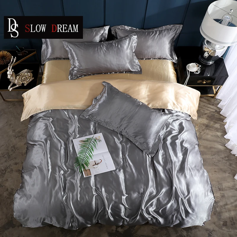 

SLOWDREAM Double Color Bedding Set Solid Gray Bedspread Fitted Sheet Pillowcase Silk Rubber Sheet Bedclothes Home Duvet Cover