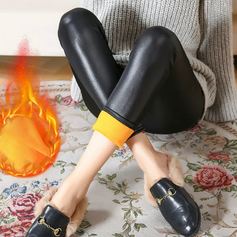 

S-4XL Plus Size Winter Autumn Thicker Thin Women's Leather Leggings Push up Pencil Pants Warm Cashmere Soft Black Casual Legging