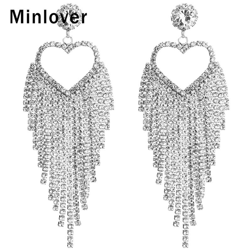 Minlover, серебряные/Золотые Кристальные Свадебные Висячие серьги для женщин, стразы, сердце, большая кисточка, висячие серьги, ювелирное изделие MEH1602