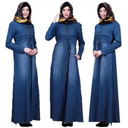 Джинсовая Абая, для мусульман, женское длинное платье на молнии, исламский кафтан, с капюшоном, Jilbab Robe, платье макси, со шнуровкой, длинный