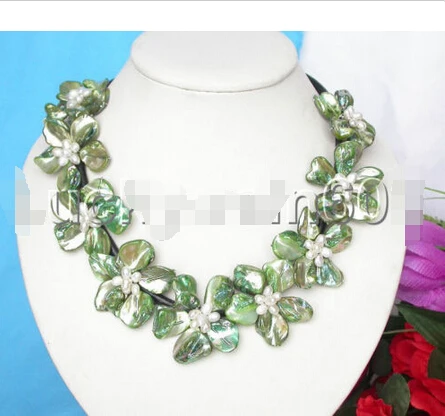 

FREE shipping>>>baroque 9bloom green seashell white pearls choker leather necklace e1274