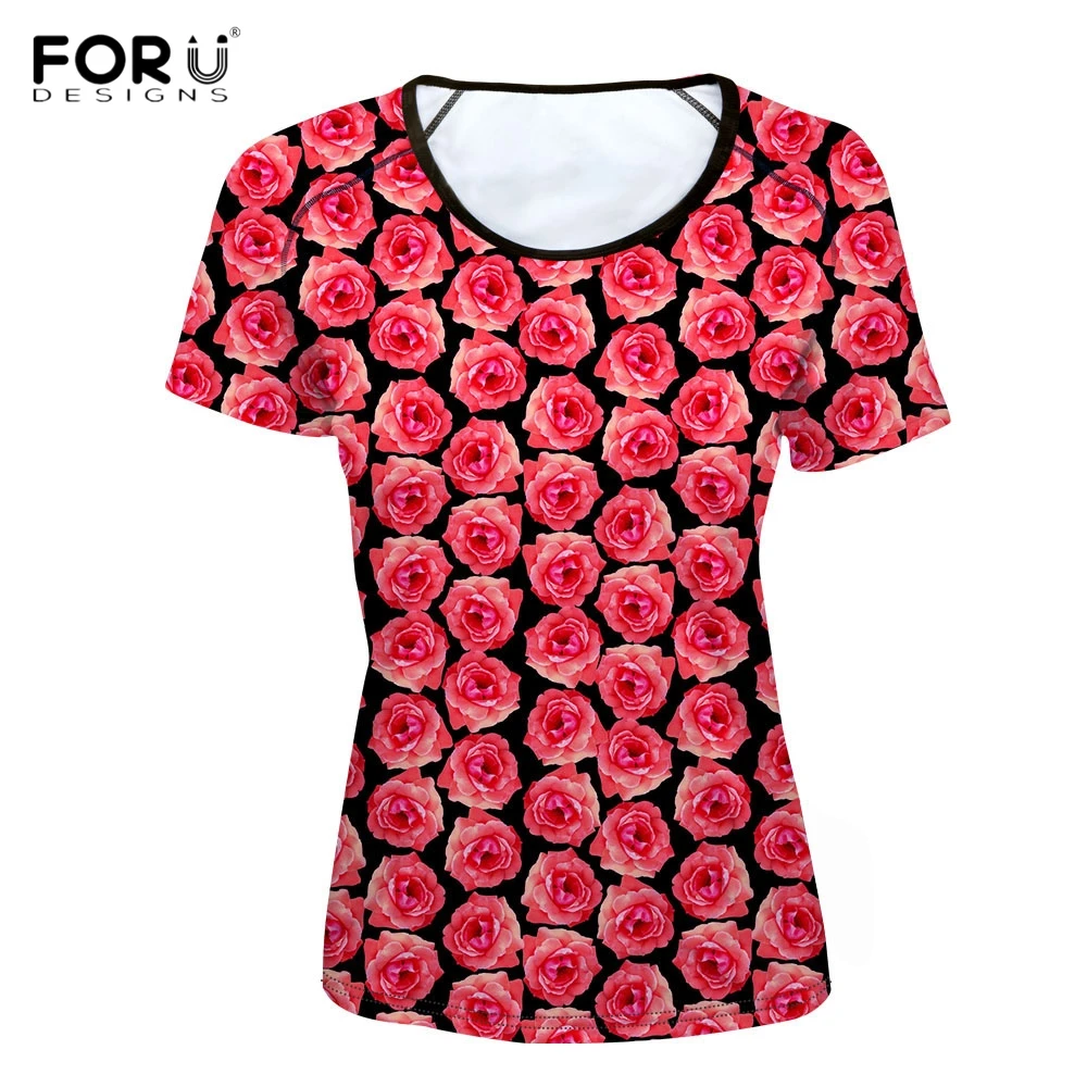 FORUDESIGNS Beautiful Many Red Roses Flowers Printed Women T Shirt