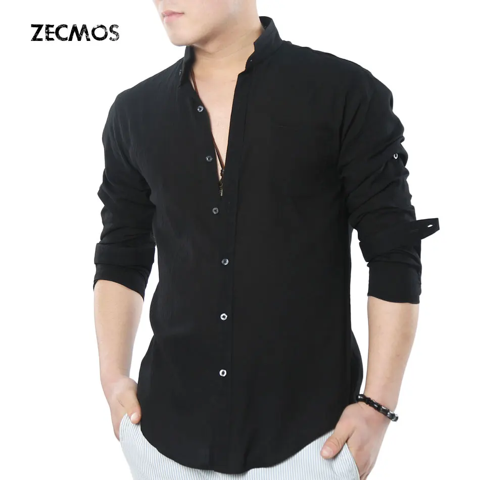 Goedkoop Zecmos Sociale Opa Chinese Mandarijn Kraag Shirt Mannen Casual Shirt Hoge Kwaliteit Katoen Linnen Shirt