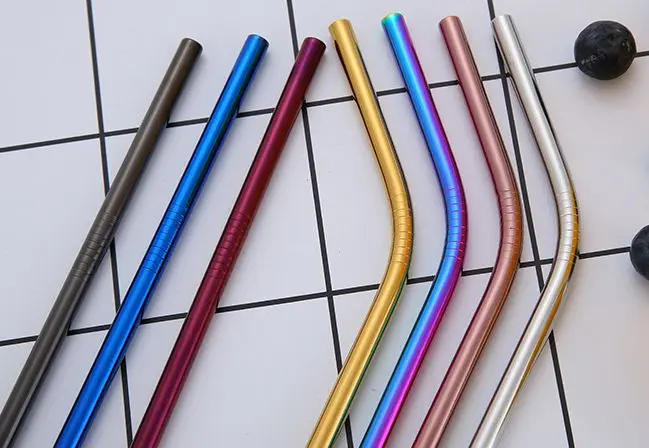 

30pcs/lot 240mm*6mm Colorful Straw 304 Stainless Steel Straws Reusable Bent Metal Drinking Straw with Cleaner Brush